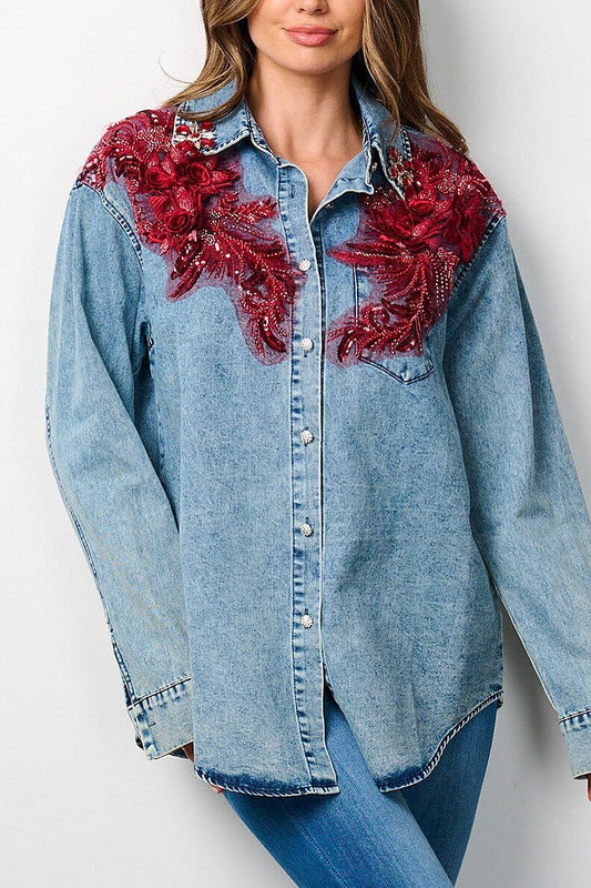 Button up floral embroidery studs detail denim top (EFWT7746)