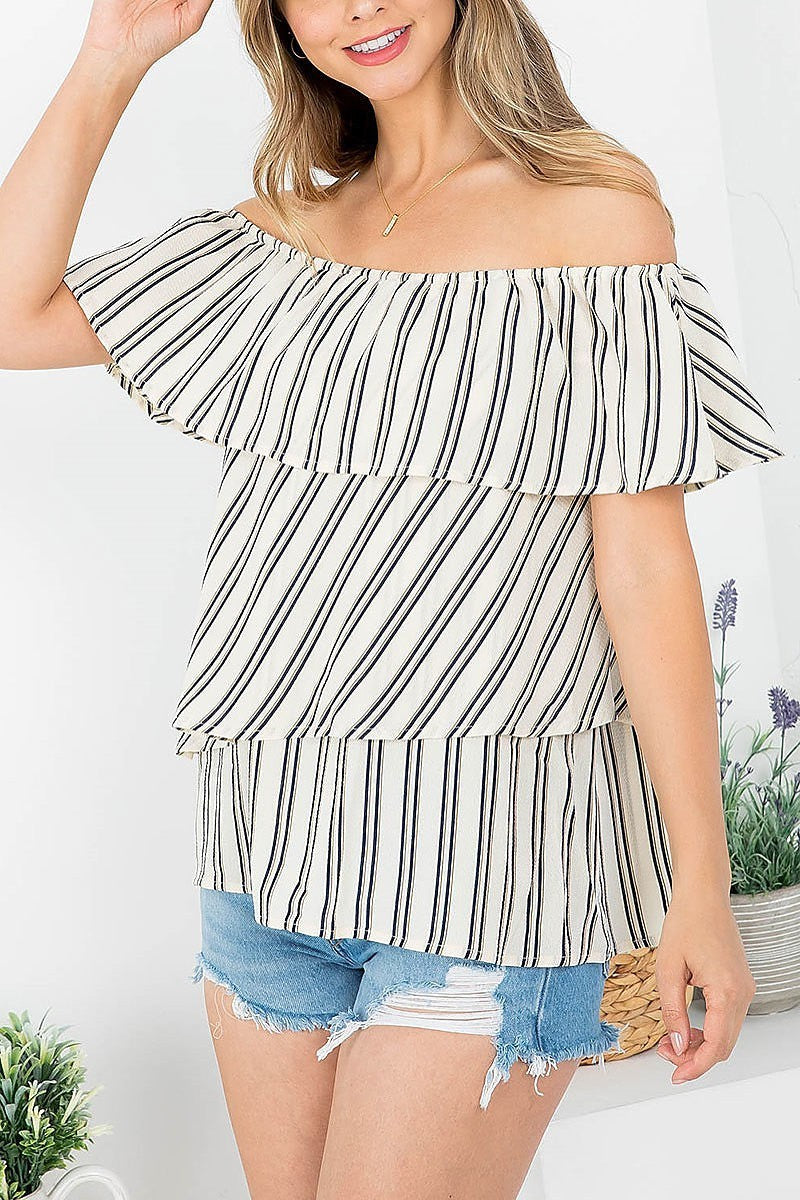 Stripes off shoulder ruffle with bow tie back top (EF3807)