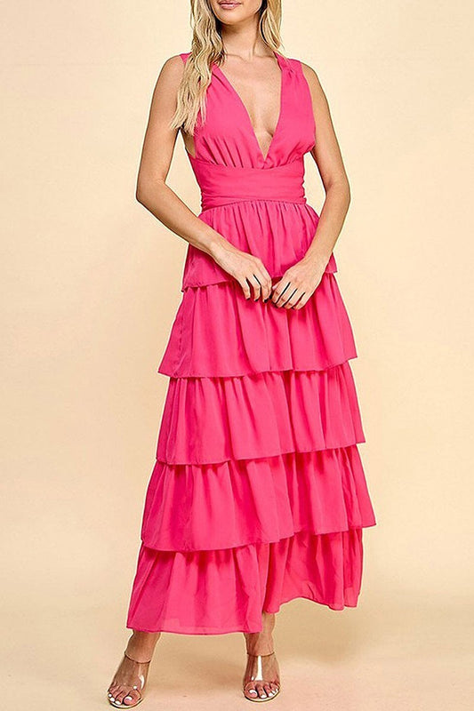 Sleeveless v-neck open back ruffle tiered dress (EFWT9489)