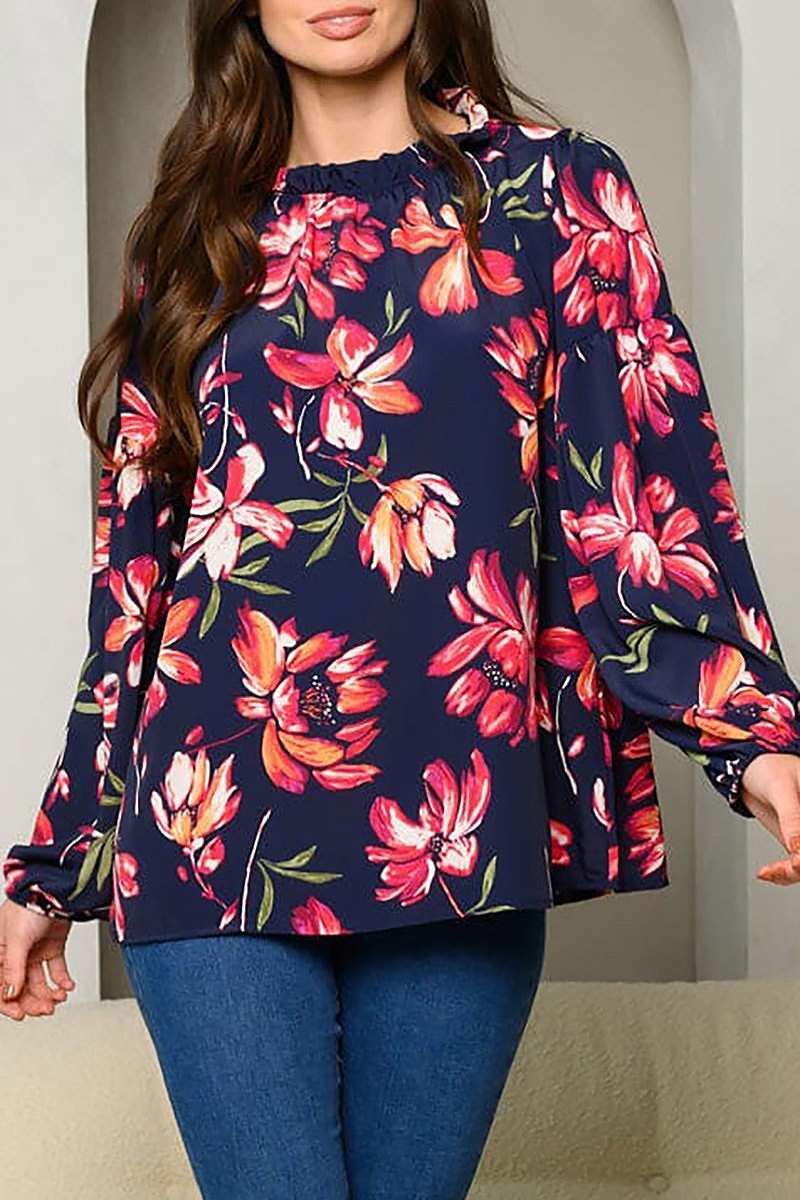 Long sleeve floral print tunic top (EDWT8267)