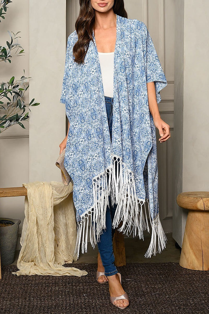 Short sleeve multi print fringe kimono (EDWT7529)