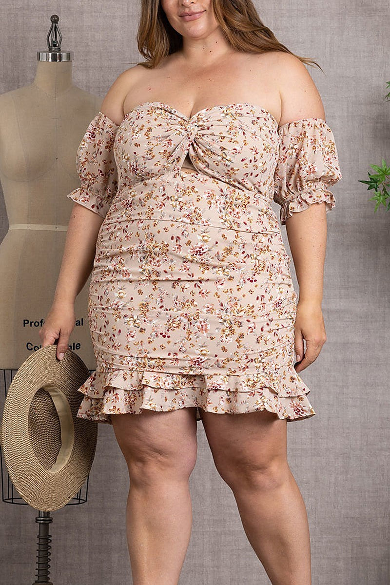 Smocked floral print off shoulder plus size mini dress (EDSW3056)