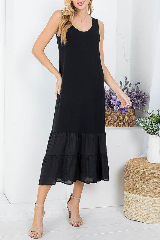 Scoop neck tiered rufle hem midi dress (DED7690)