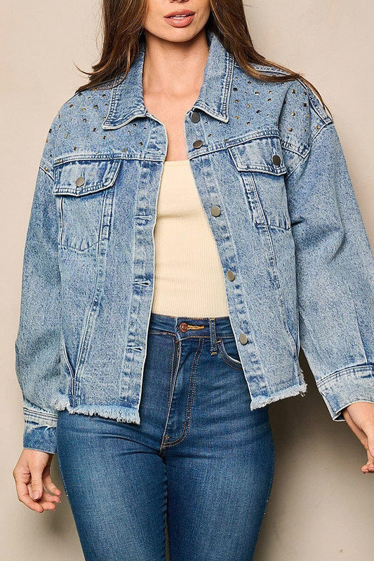 Button closure studs detailed denim jacket (EFWT4937)