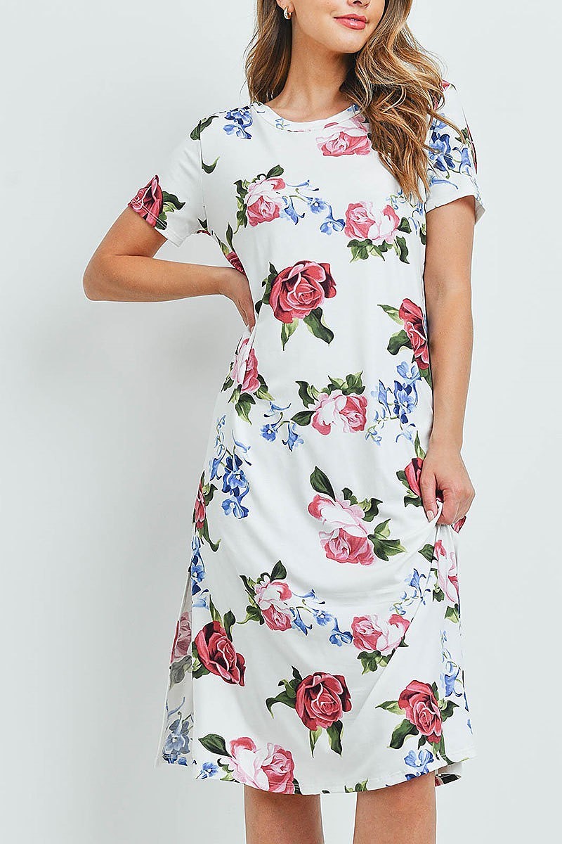 Crew neck floral print loose fit dress (DED6215)