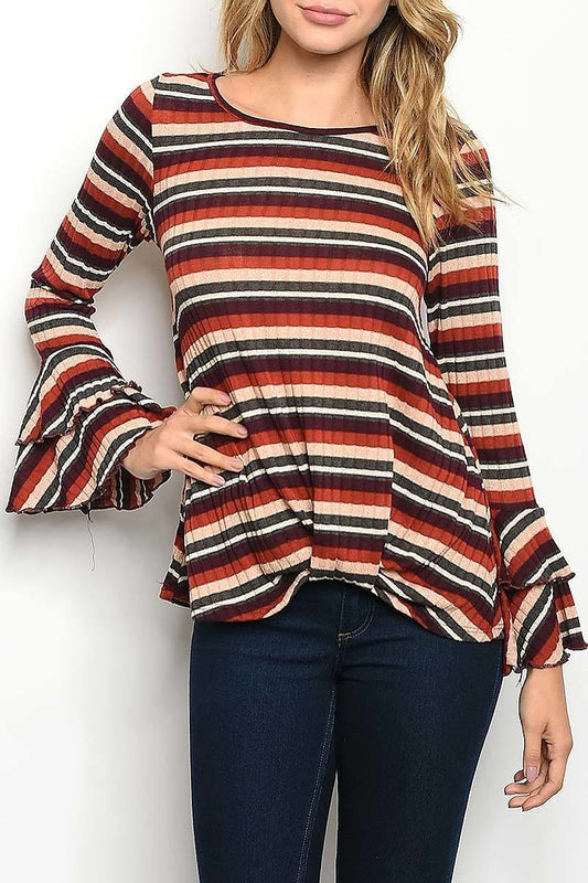 Twist front bell sleeve stripe top (ED4455-2020)