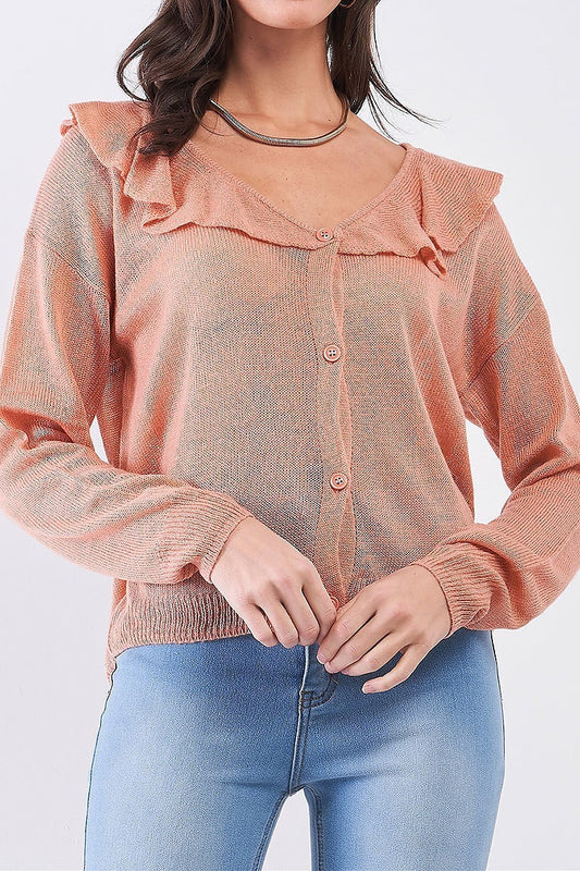 Button front ruffle detail cardigan (TDG7912)