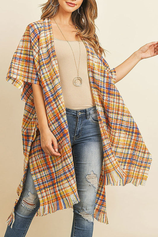 Plaid fringe detail poncho kimono (DGS4964)