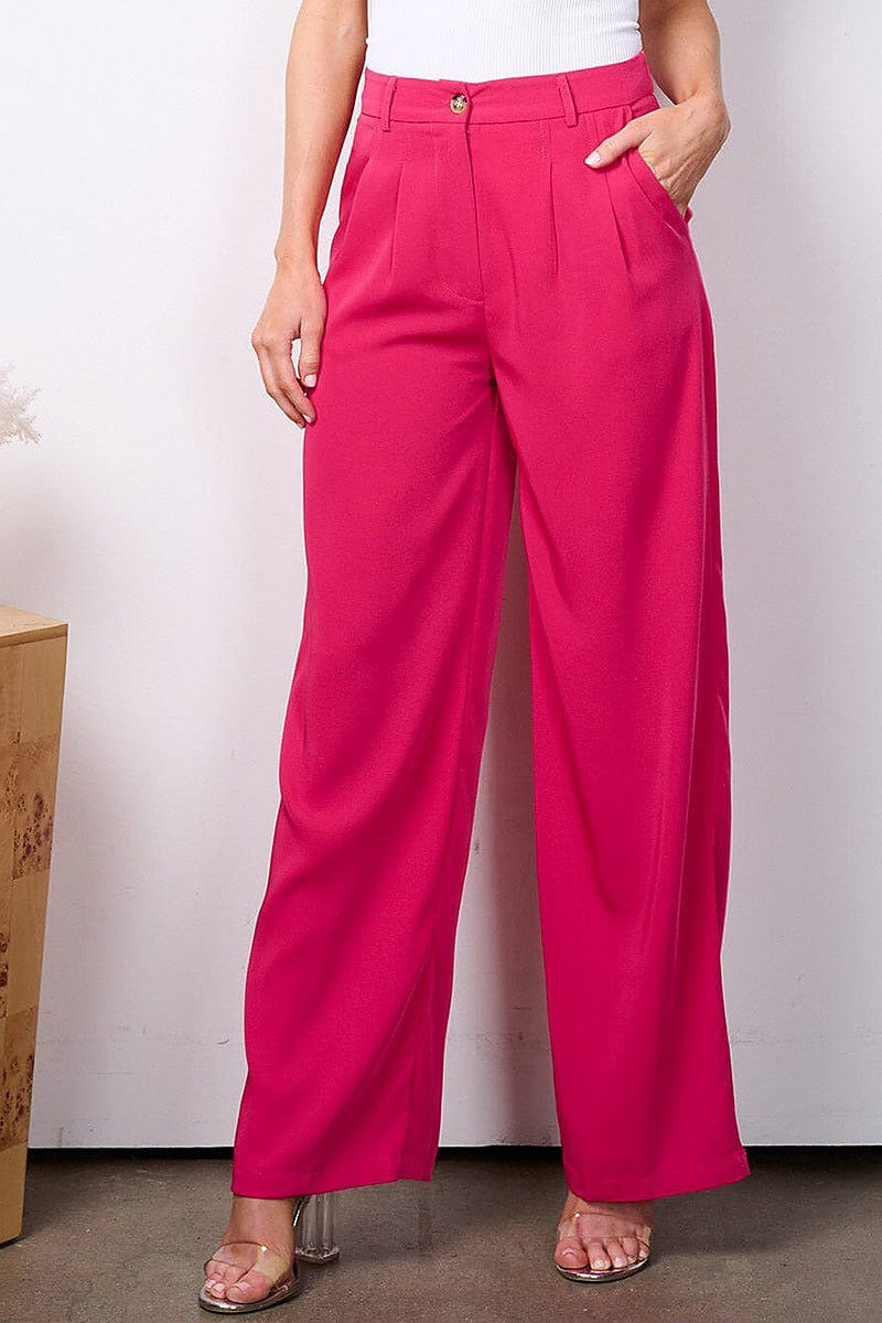 Button closure high waist wide leg pockets pants (EFWT7528)