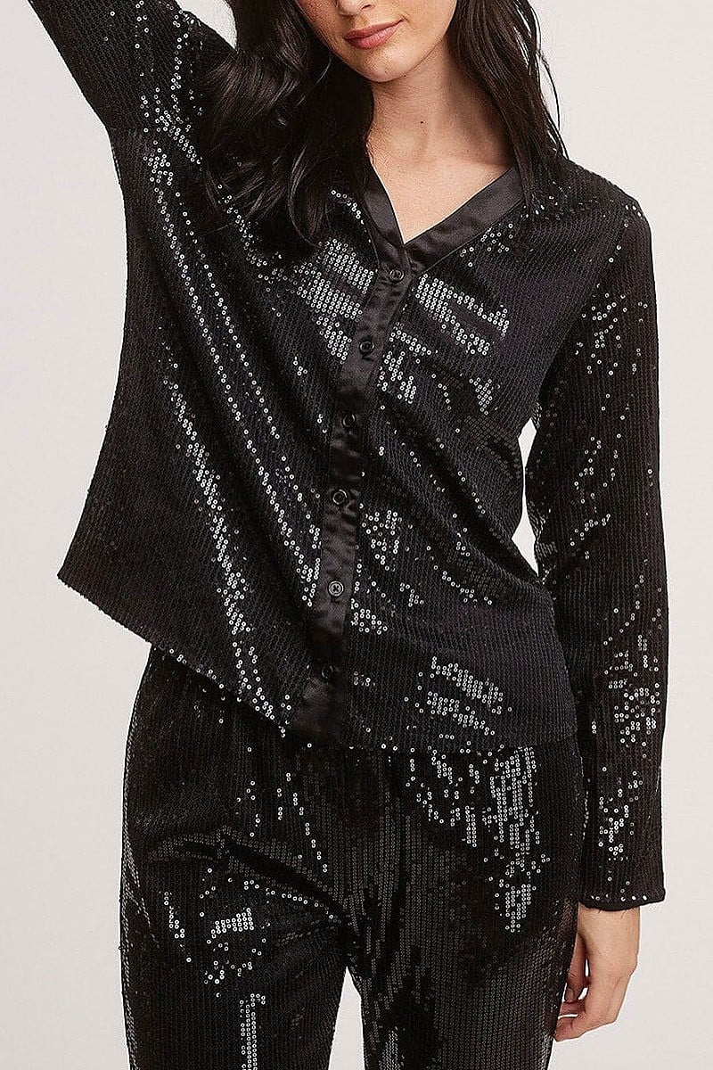 Long sleeve button up sequins blouse top (EFWT5479-TOP)