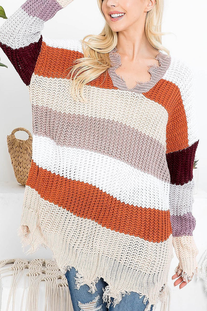 Distressed detail color block sweater (DGS5366-2)