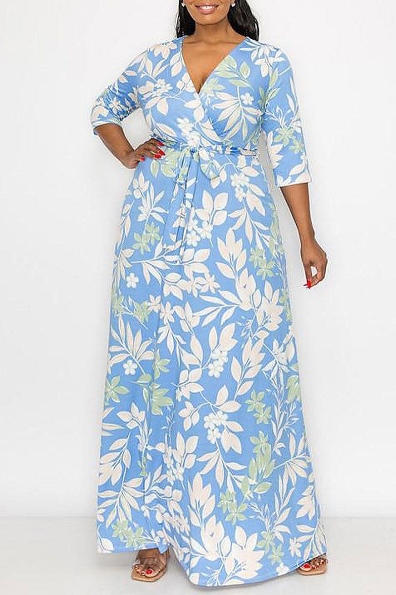 3/4 sleeve surplice self tie floral maxi dress (EFWT8229)