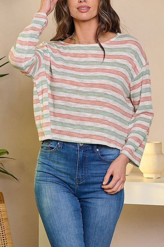 Long sleeve multi color stripes top (EFWT6123)