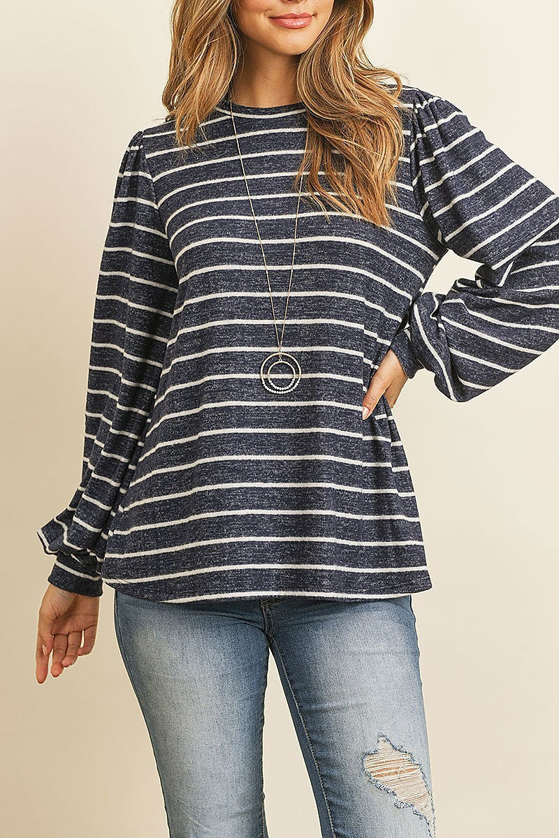 Puff sleeved brush stripes hacci top (ED8069)