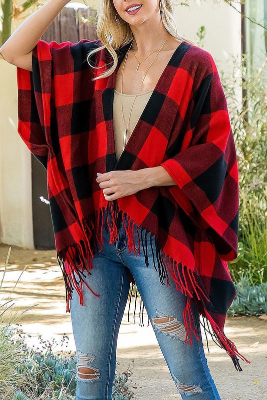 Plaid open front fringe kimono (DGS5879)