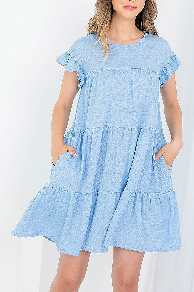 Ruffle short sleeve solid layered dress (DED7503)