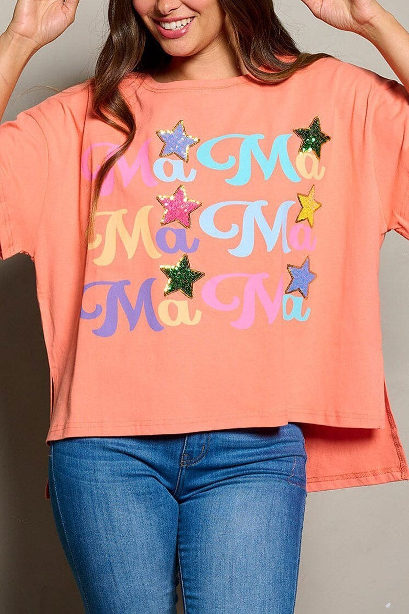 Short sleeve stars design high-low graphic top (EFWT9944)