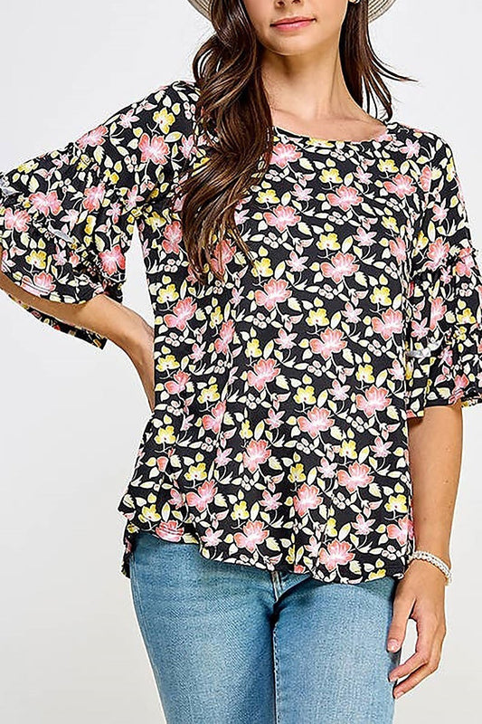 Tiered ruffled bell sleeve floral knit top (XDG8179)