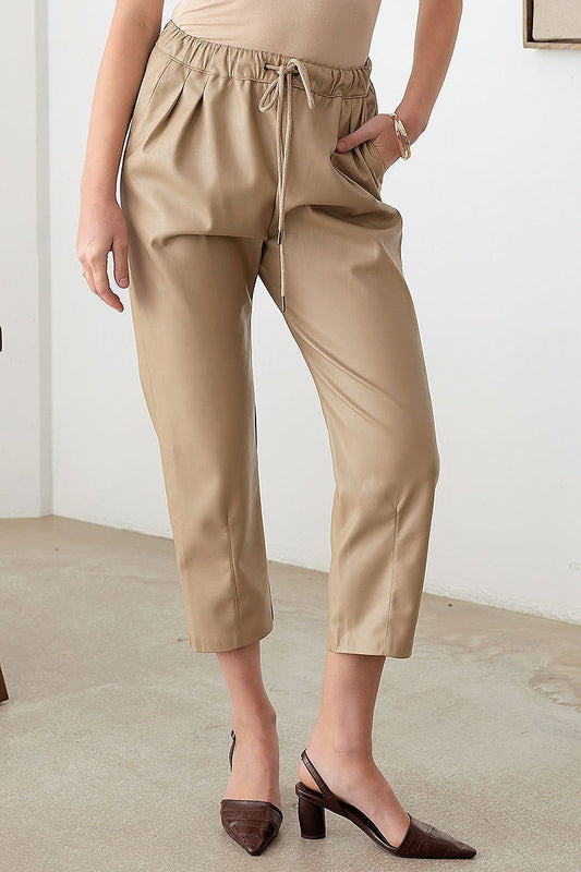 Faux leather drawstring ankle pants (TED2703)