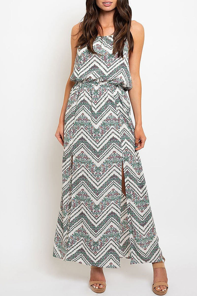 Chevron floral print slit detail maxi dress (EDWT2268)