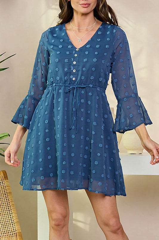 Long sleeve v-neck swiss dots mini dress (EFWT6097)