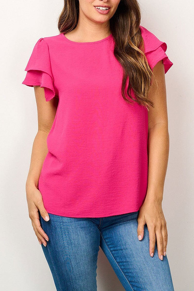 Short ruffle sleeve solid blouse top (EFWT6666)