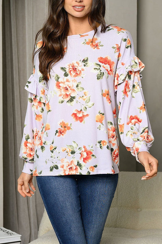 Long puff sleeve ruffle floral tunic top (EDWT6883)