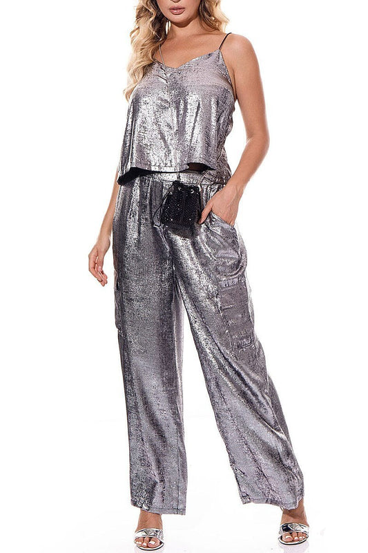 Sleeveless tank top & wide leg pants shimmer set (EGWT2497-SET)