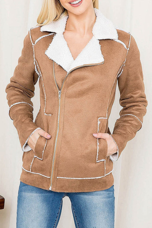 Faux suede with fur detail zipper front bike jacket (DGS5636)