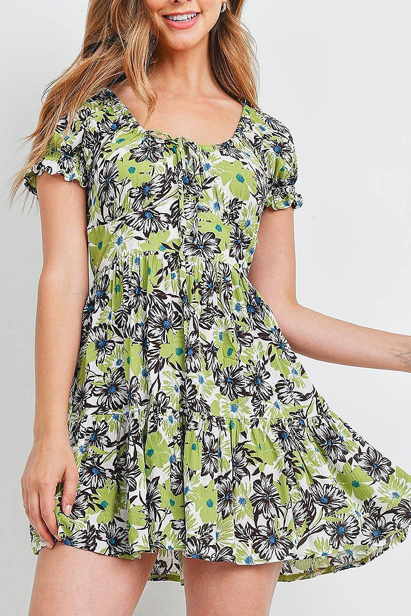 Ruched detail puff sleeve tiered floral print dress (DED6562)