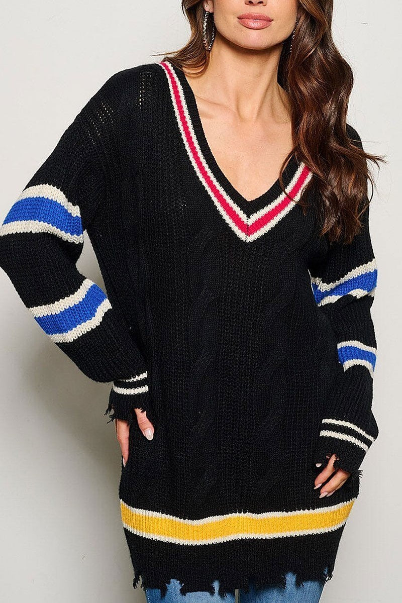 Long sleeve v-neck trim detailed knitted sweater (EGWT2838)