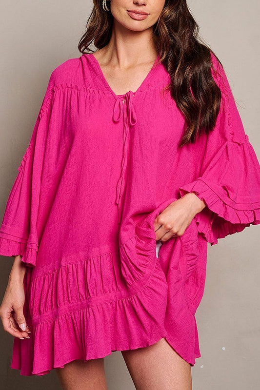 3/4 ruffle sleeve v-neck tiered hooded tunic top (EGWT1780)