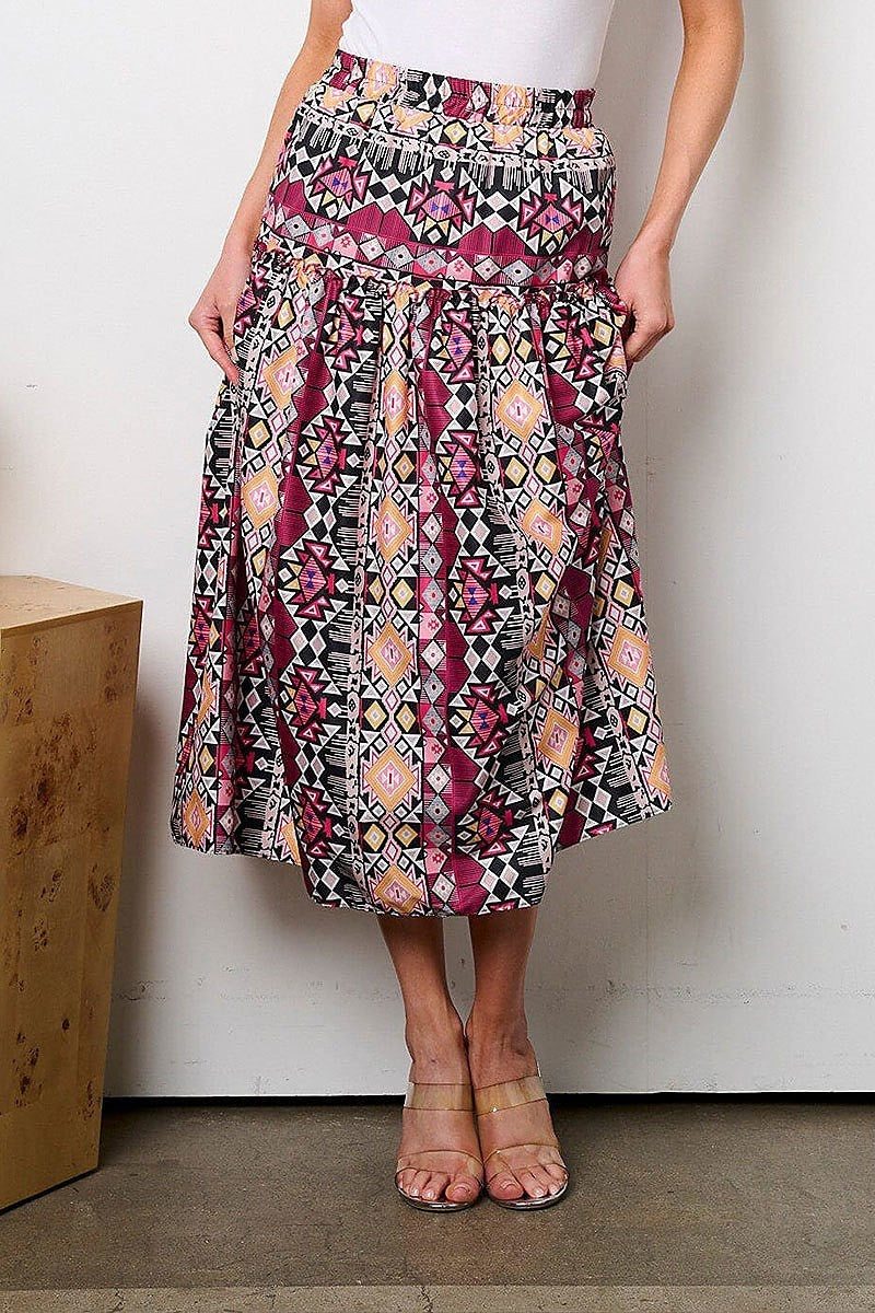 Elastic waist multi print midi skirt (EFWT8953)