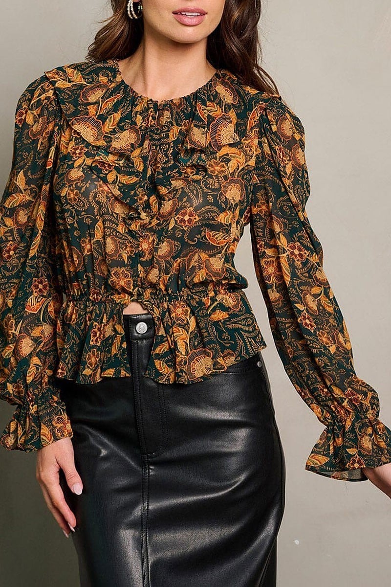 Long sleeve button up ruffle floral blouse top (EGWT1864)