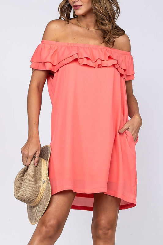 Ruffle off shoulders woven mini dress (EDSW2981)