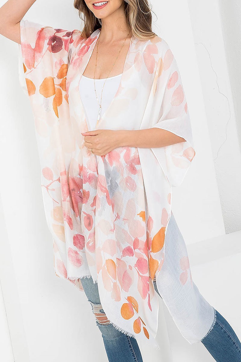 Pastel leaf print open front kimono (EF3617)