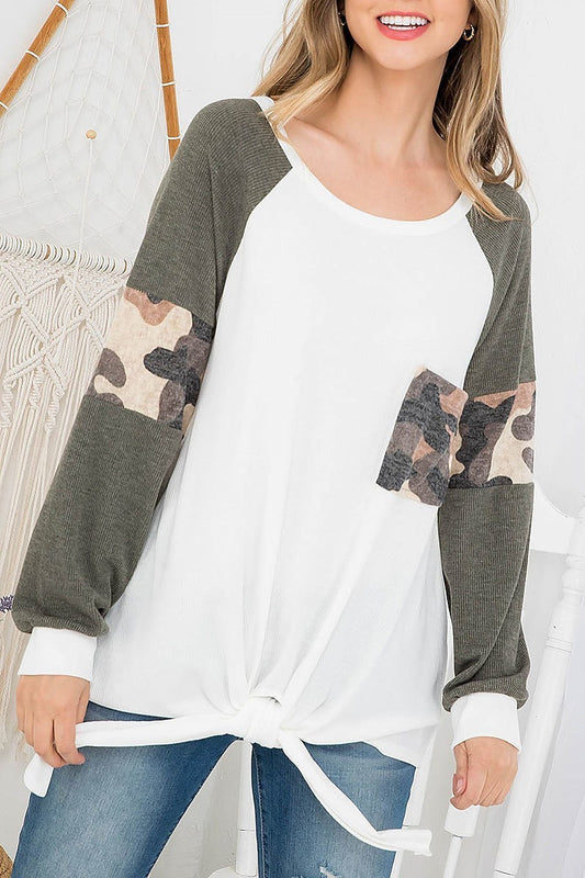 Camo pocket and sleeve detail waist tie color block top (EF3078)