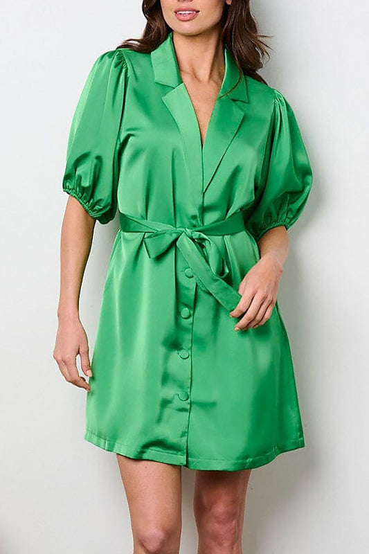 Puff sleeve button up self tie satin mini dress (EFWT8948)