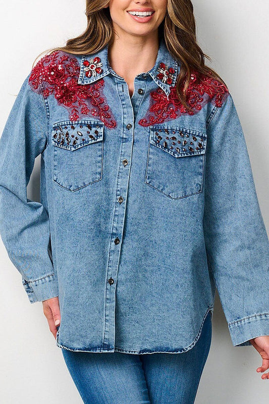 Button up floral embroidery studs detail denim top (EFWT7747)