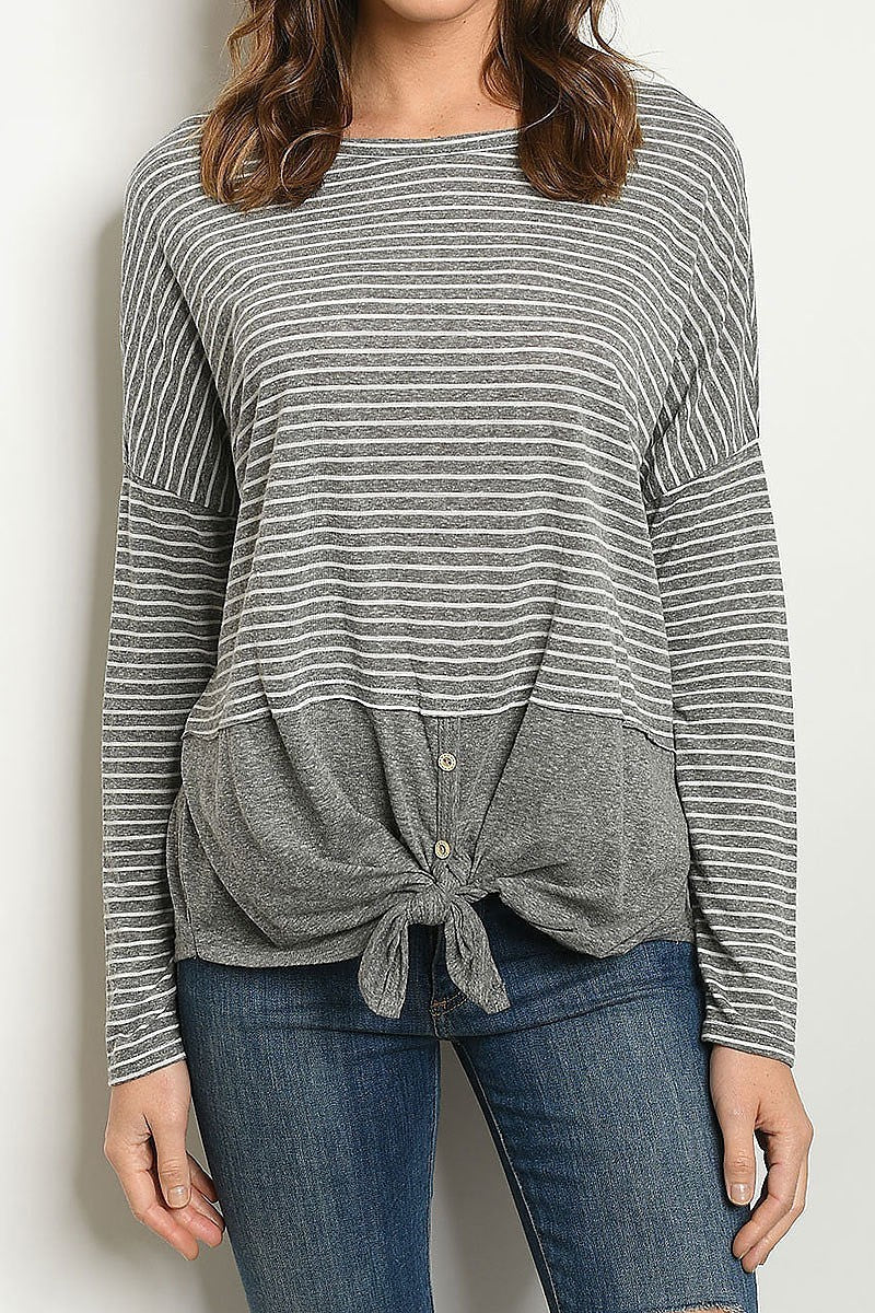 Stripe button detail waist tie color block top (ED7764)