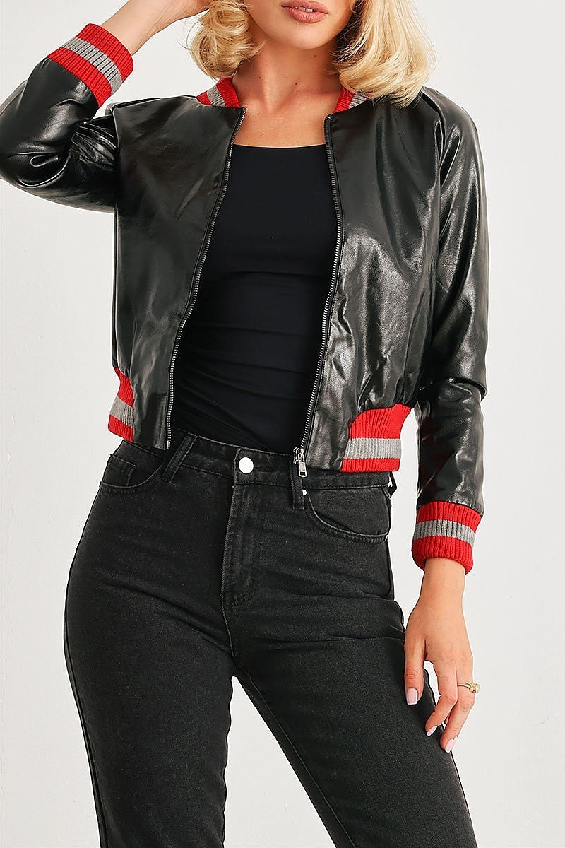 Ribbed vegan leather bomber jacket (TEDT2079)