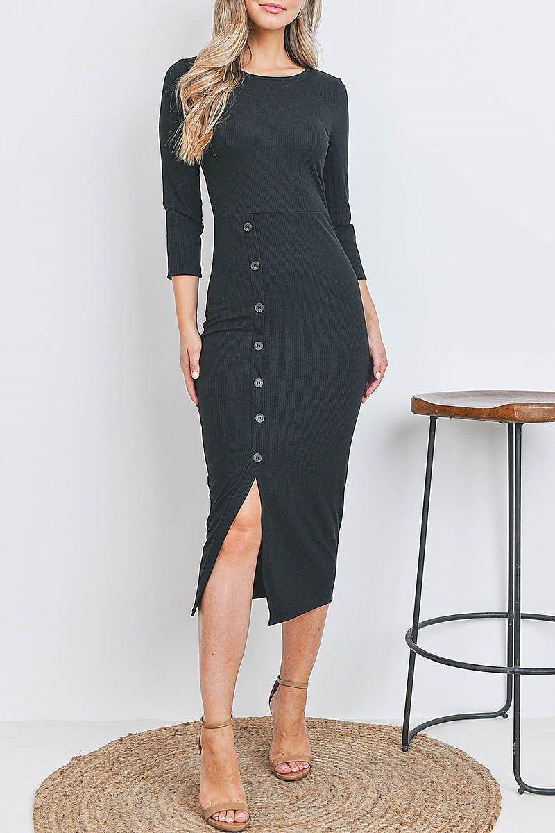 Button front slit detail midi dress (DED7068)