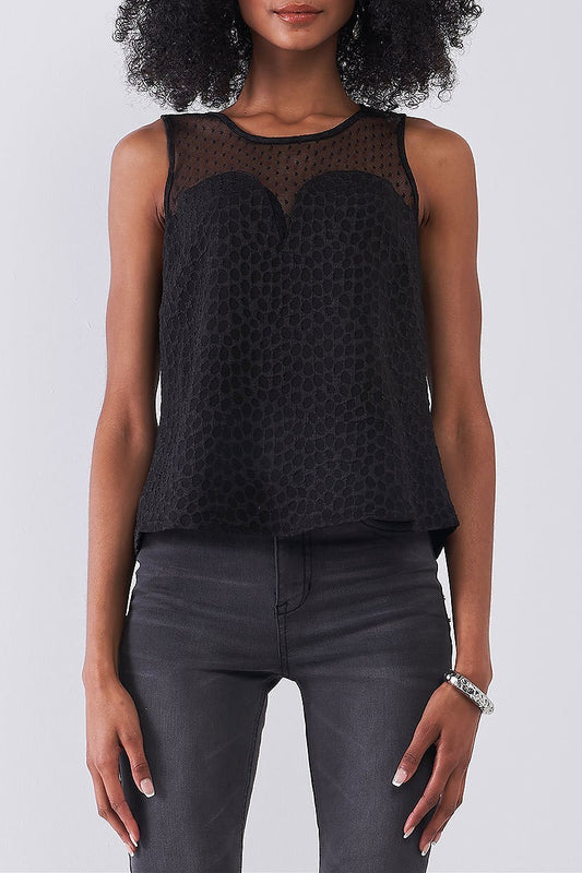 Sheer polka dot sweetheart cutout back top (TDG8185)