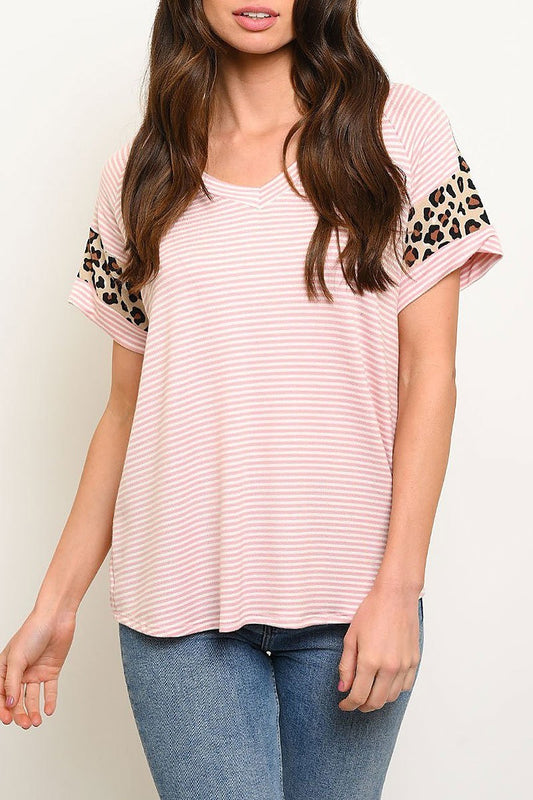 Stripes animal print sleeve detail top (EDWT2195)