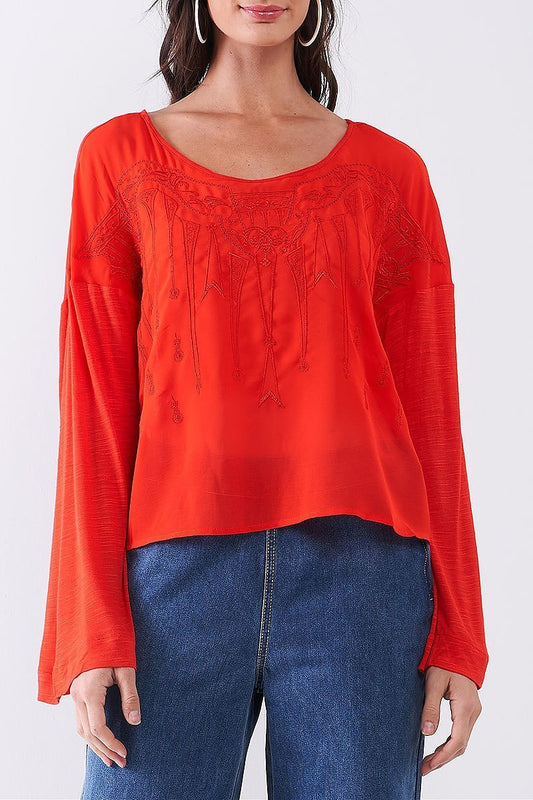 Embroidered bell sleeve round neck top (TDG8039)