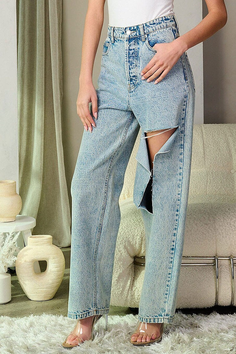 Button closure distress washed denim pants (EFWT9306-1)