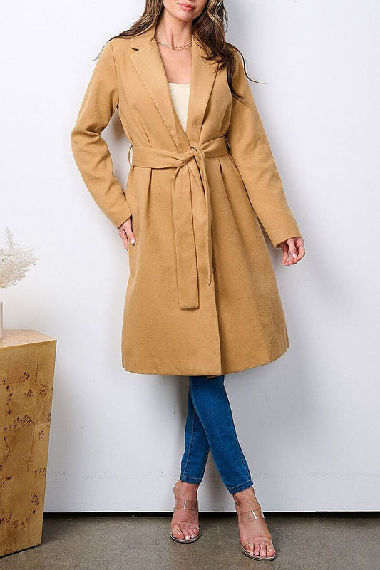 Long sleeve open front self tie coat (EFWT7227)