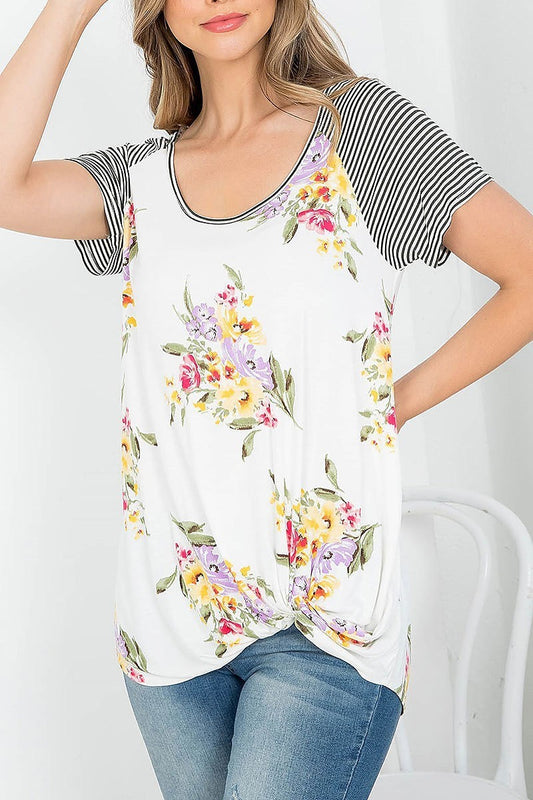 Floral print front twist stripes sleeve top (EF3700-RN1)