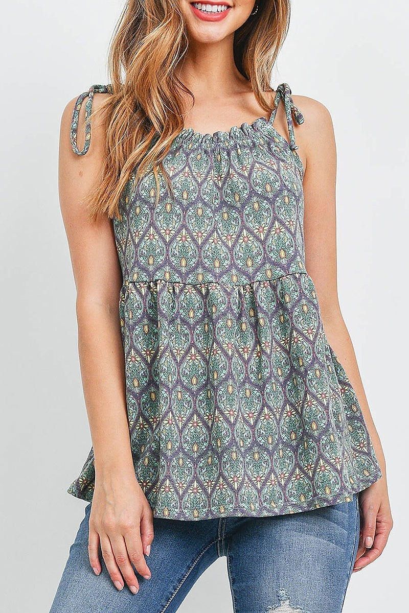 Paisley print tie shoulder baby doll top (EF1244)