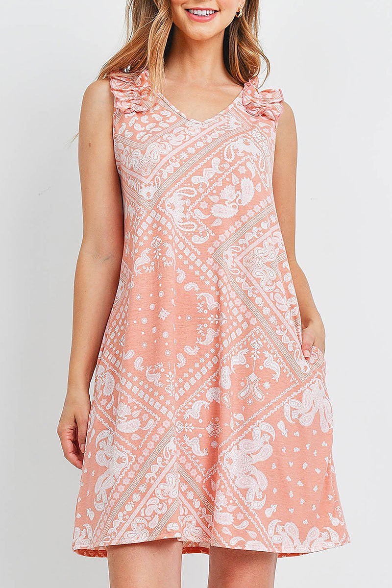 Sleeveless shoulder ruffle detail paisley pocket dress (DED6582)